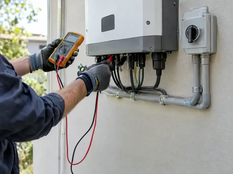 Electrician testing a solar inverter with a multimeter
